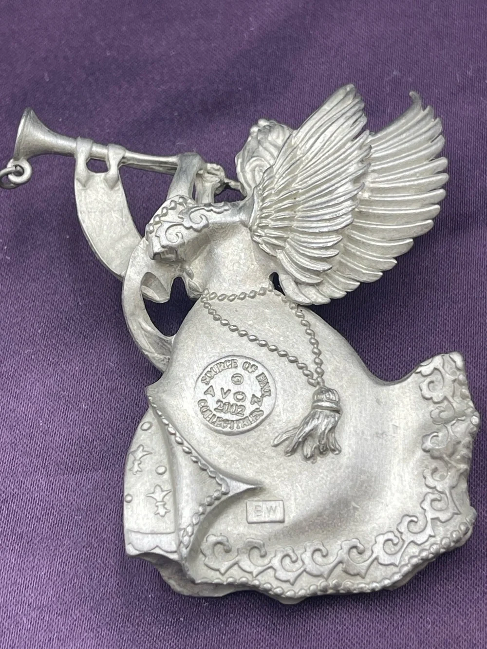 VTG Avon Annual Solid Pewter Ornament:  Year “2002” Christmas Angel Noel Trumpet